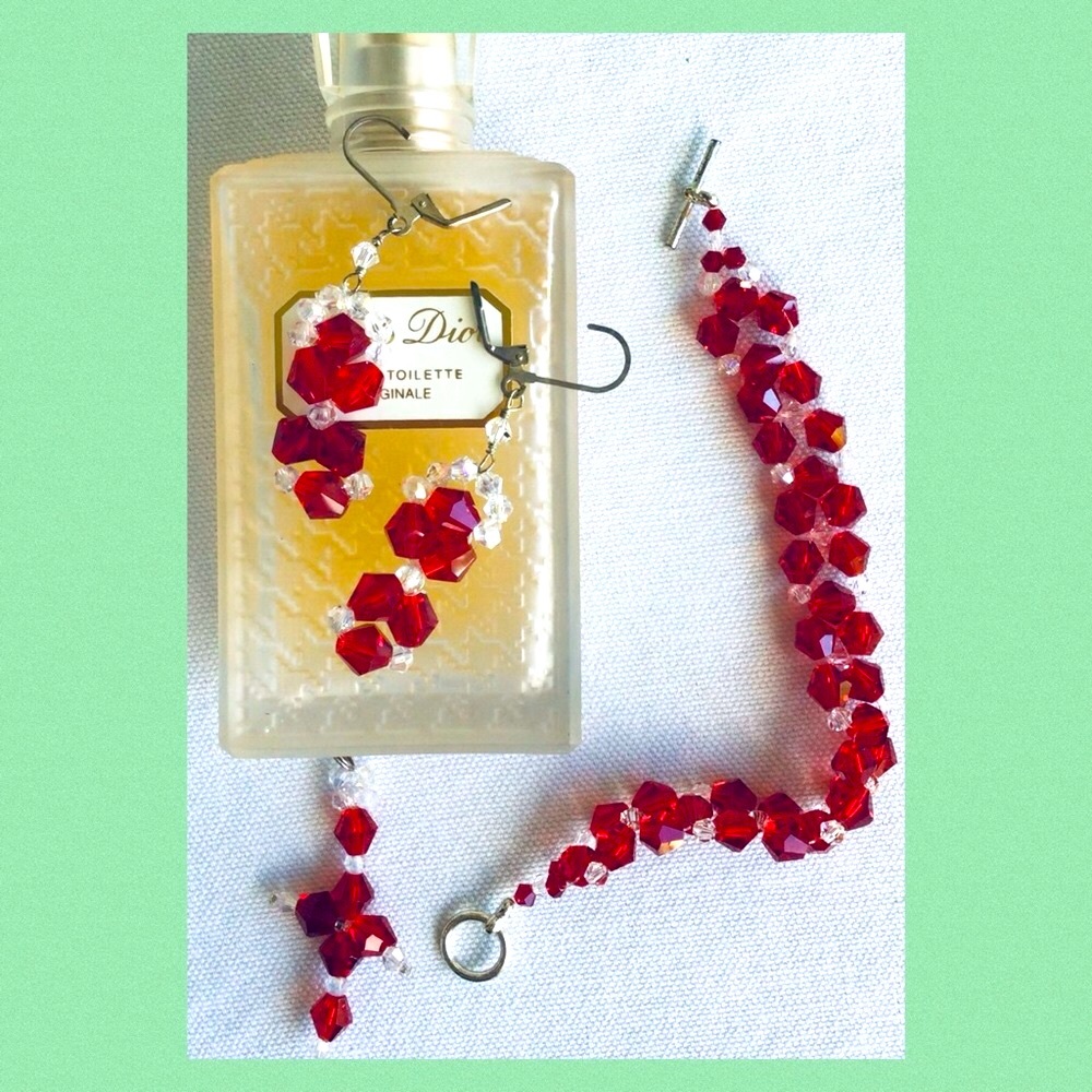 New 3 Piece Handcrafted Ruby Color Glass Bicone Beads Bracelet, Earrings & Cross